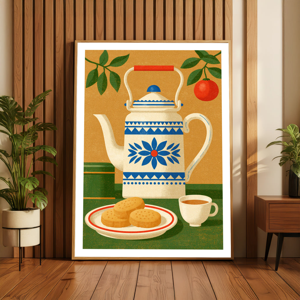 Vintage Food Poster Print, Retro Tea Kettle Art, Rustic Kitchen Decor, Mid Century Risograph Wall