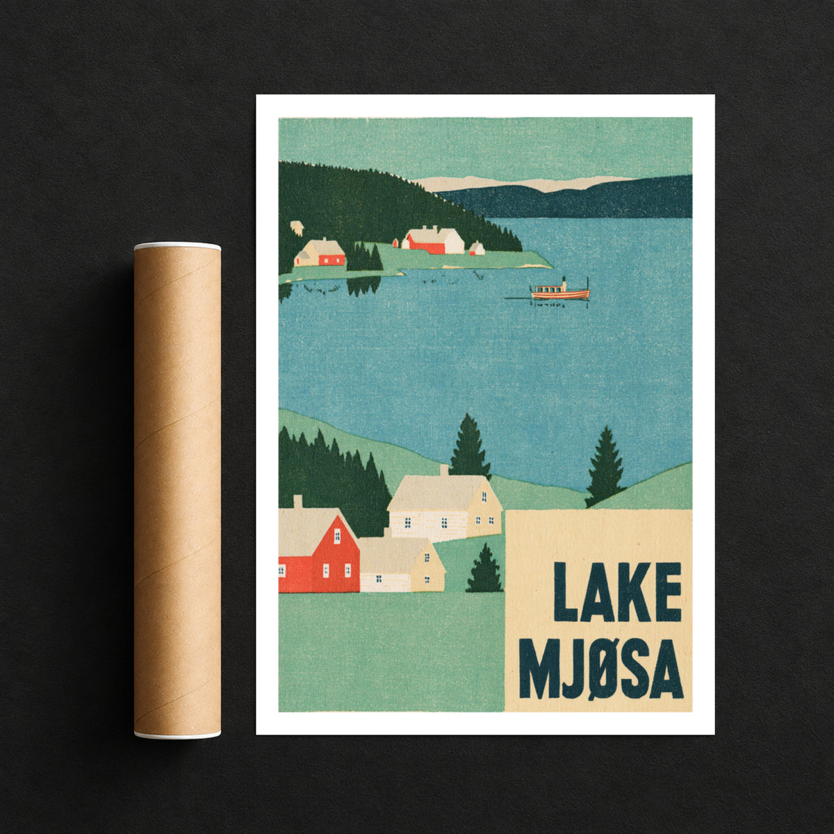Retro Lake Mjosa Norway Poster, Vintage Travel Print, Scandinavian Wall Art, Norwegian Lake