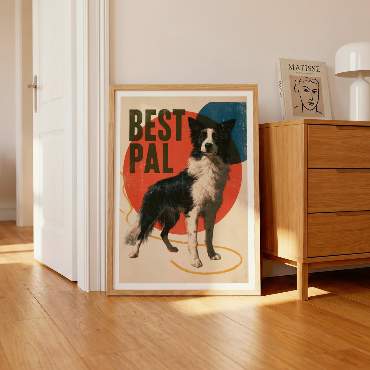 Border Collie Retro Dog Print, Best Pal Folk Art, Vintage Style Dog Wall Art Gift