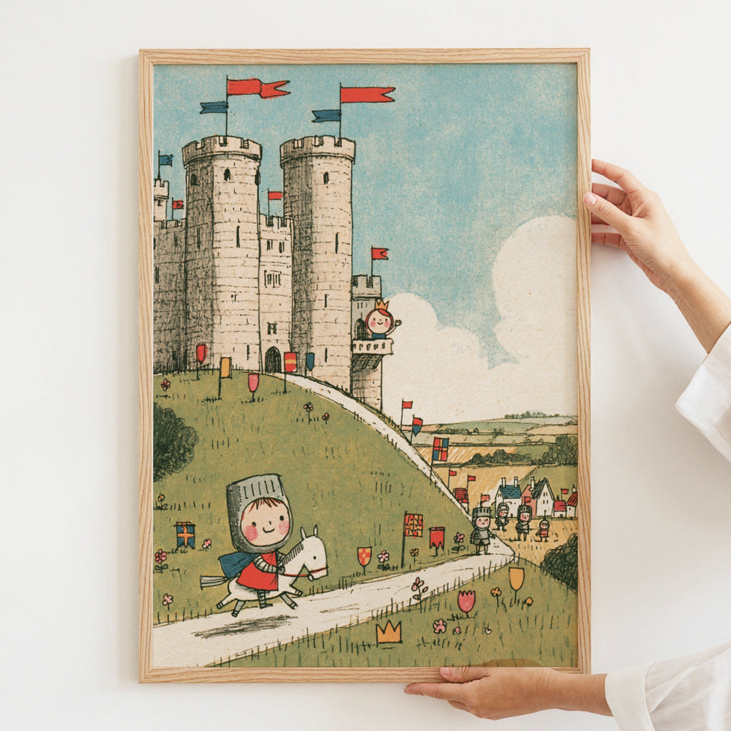 Retro Knight Castle Kids Print, Children's Wall Art, Medieval Nursery Poster Collectable
