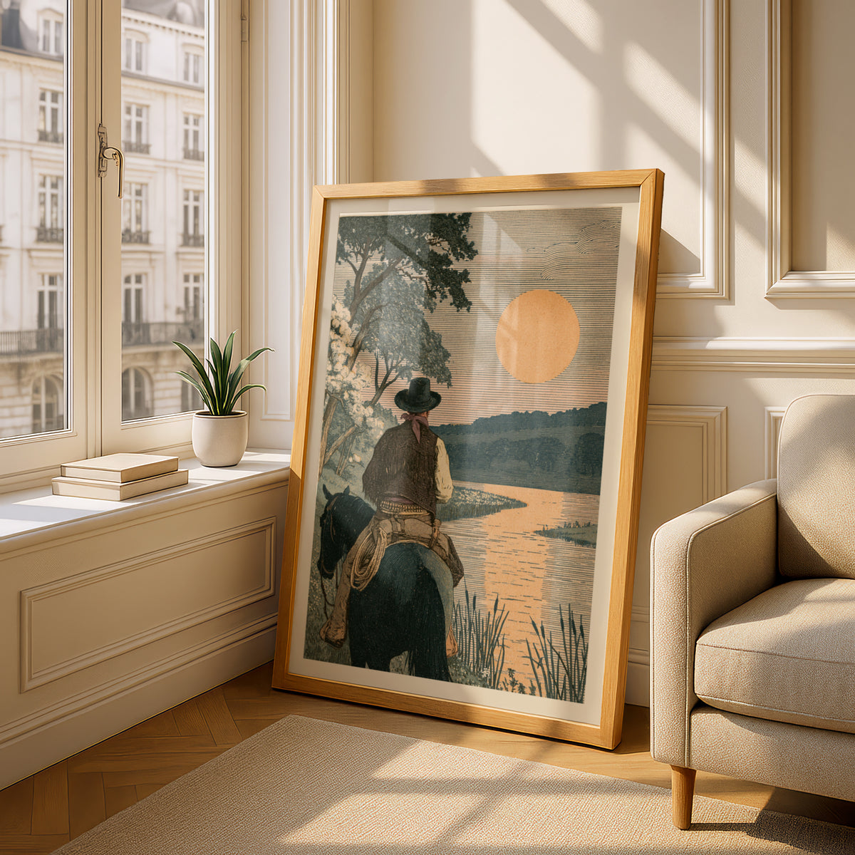 Cowboy at Sunset Print, Vintage Western Wall Art, Riverside Landscape Poster, Rustic Ranch Decor