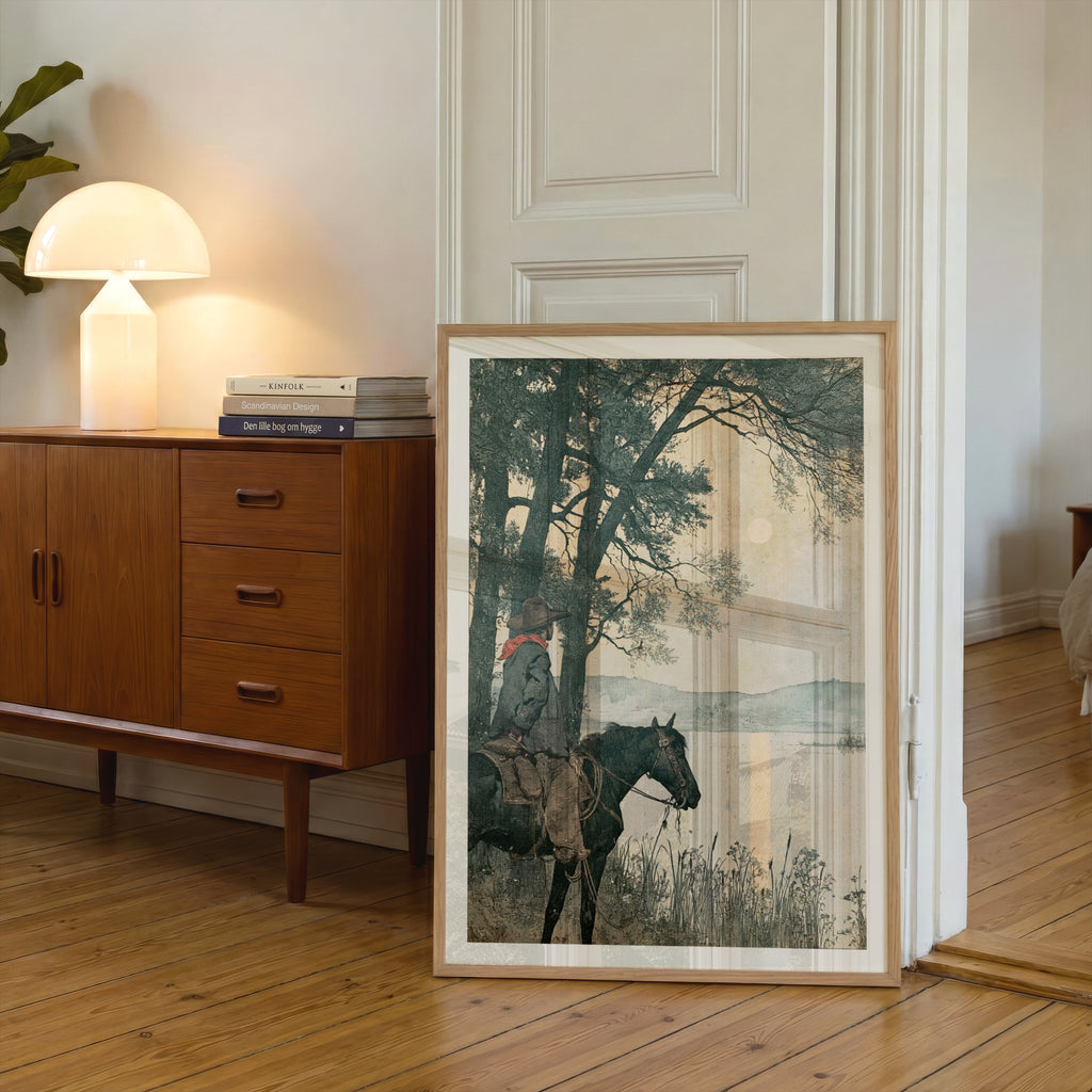 Vintage Cowboy on Horseback Print, Moonlit Lake Western Wall Art, Rustic Nature Landscape Poster