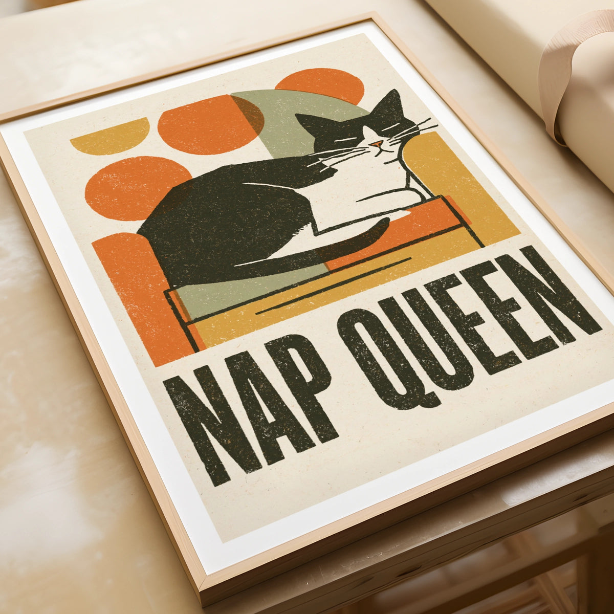 Nap Queen Cat Print, Retro Cat Wall Art, Tuxedo Cat Folk Art, Mid Century Modern Cat Decor