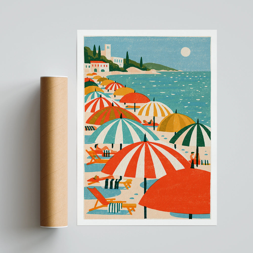 Retro Mediterranean Beach Poster, Colourful Striped Umbrellas, Vintage Summer Travel Print Wall Art