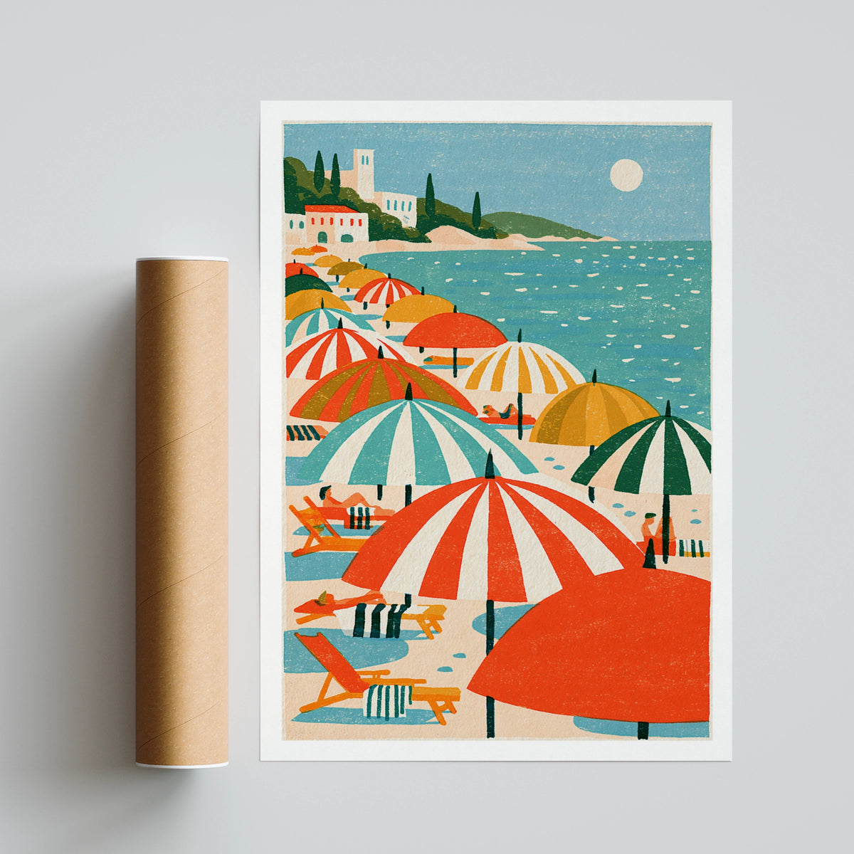 Retro Mediterranean Beach Poster, Colourful Striped Umbrellas, Vintage Summer Travel Print Wall Art