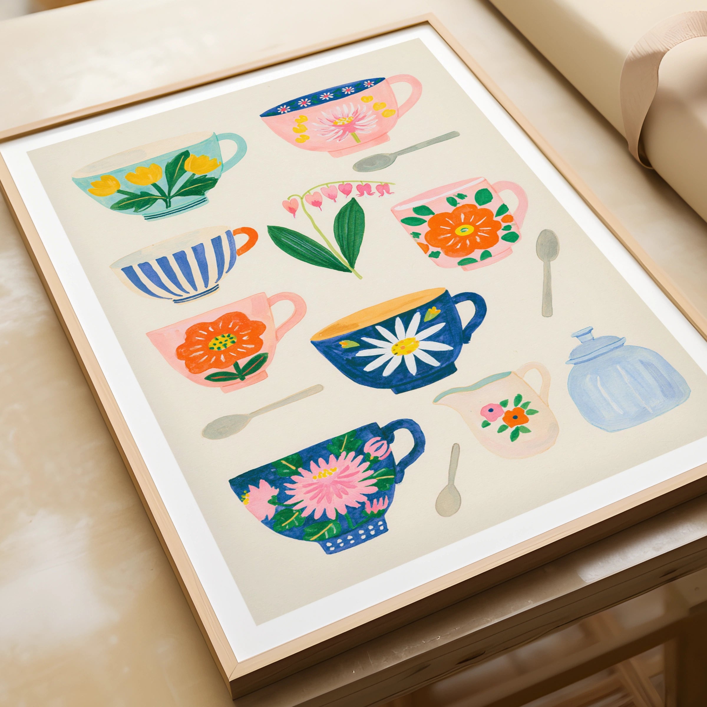 Vintage Tea Cup Poster Print | Rustic Kitchen Decor | Retro Mid Century Risograph Floral