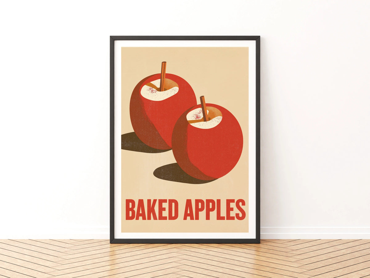 Baked Apples Vintage Food Poster Print | Rustic Kitchen Decor | Retro Mid Century Risograph Art