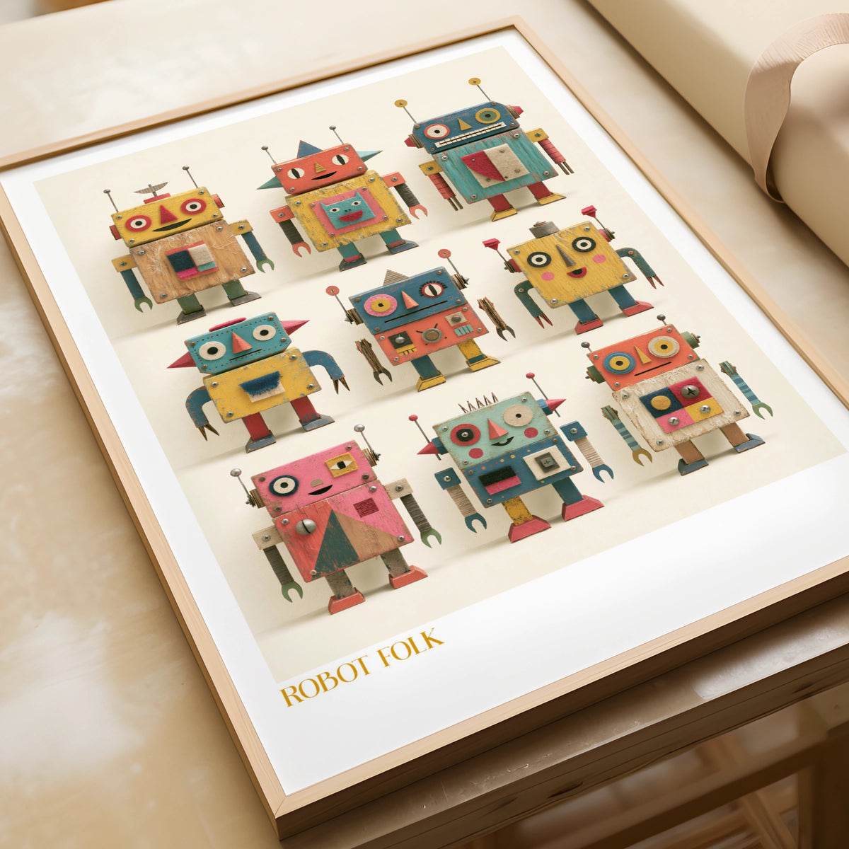 Robot Folk Art Print, Retro Children's Collectable Poster, Vintage Toy Robot Kids Wall Art