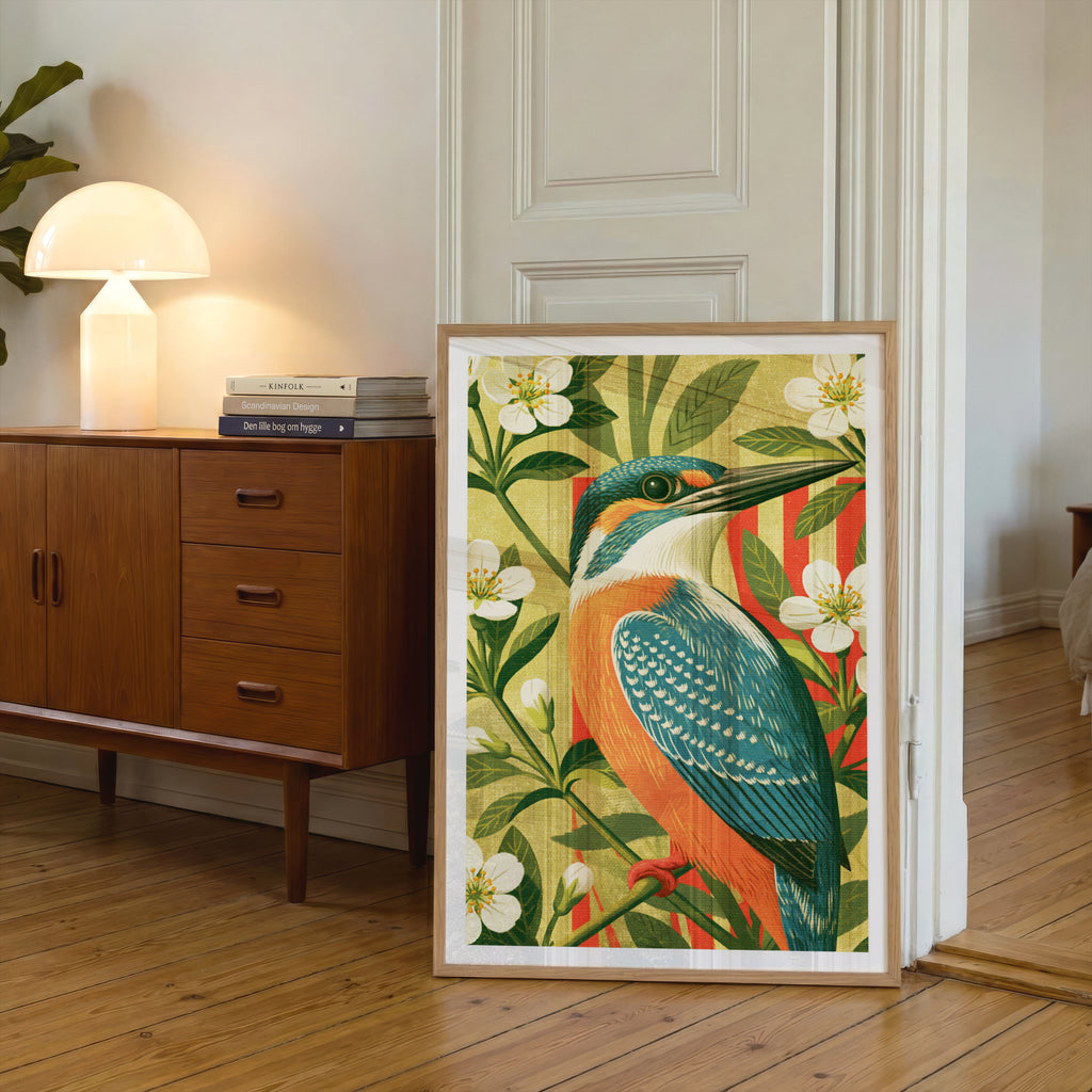 Kingfisher Bird Print, Retro Botanical Wall Art, Classic Inspired Blossom Poster, Vintage Style