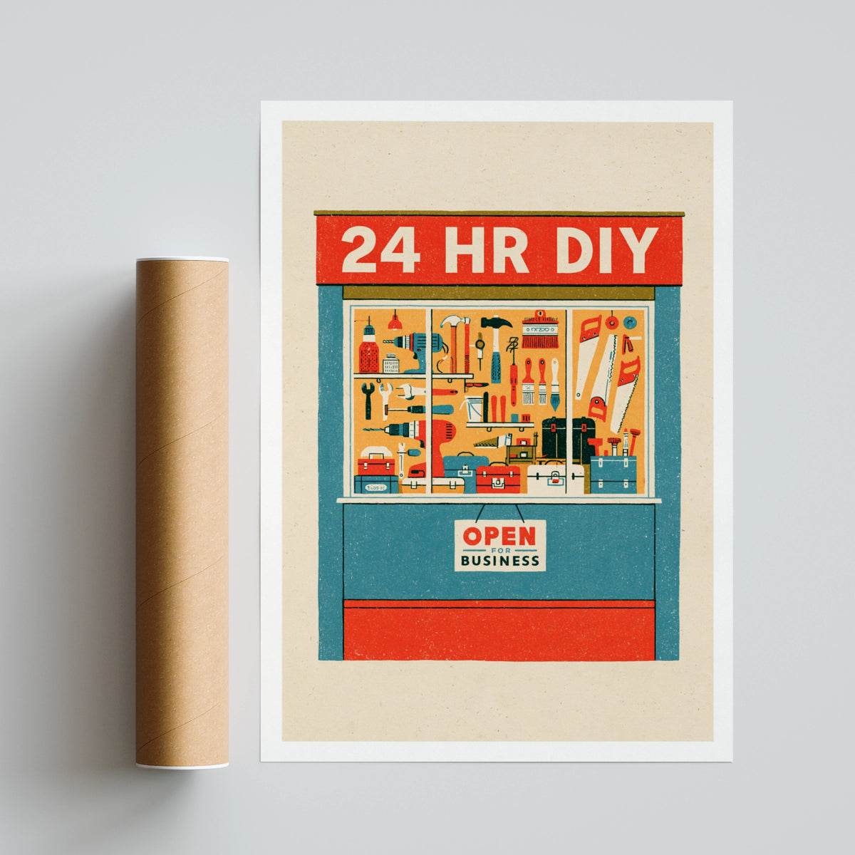 24 HR DIY Retro Tool Shop Poster, Vintage Hardware Store Wall Art Print