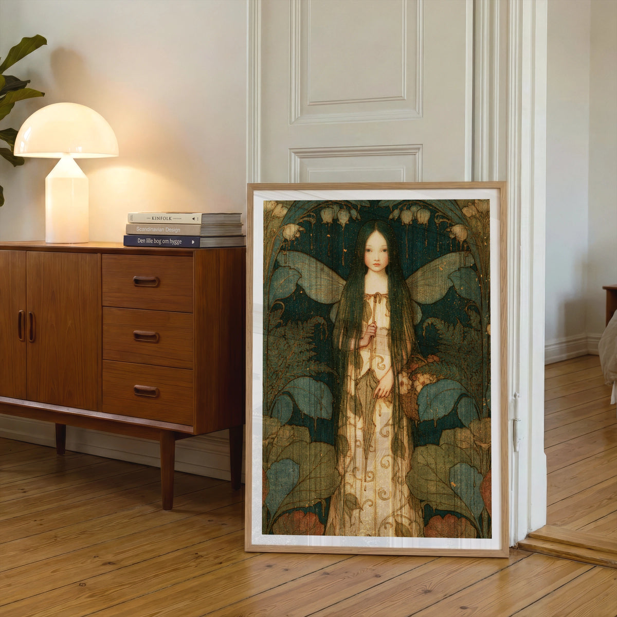 Rain Fairy Girl Art Nouveau Print, Classic Inspired Folk Art, Teal Floral Fantasy Poster