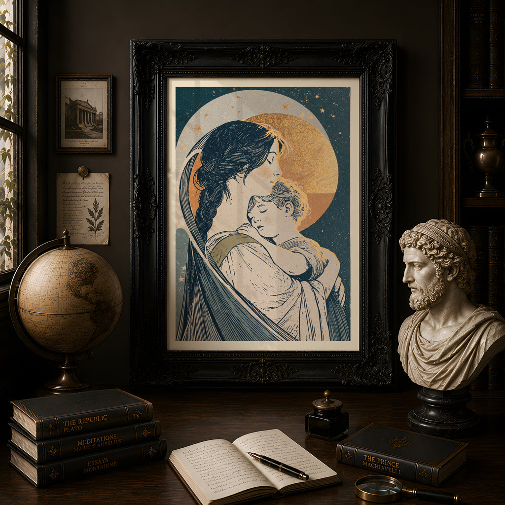 Mother and Child Vintage Art Nouveau, Celestial Moon Stars, Nursery Wall Art, New Mum Gift Print