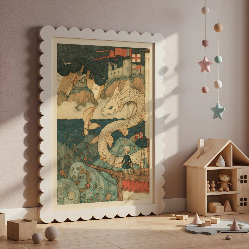  Dragon & Knight Children's Print, Fantasy Sea Adventure, Kids Wall Art Collectable Art