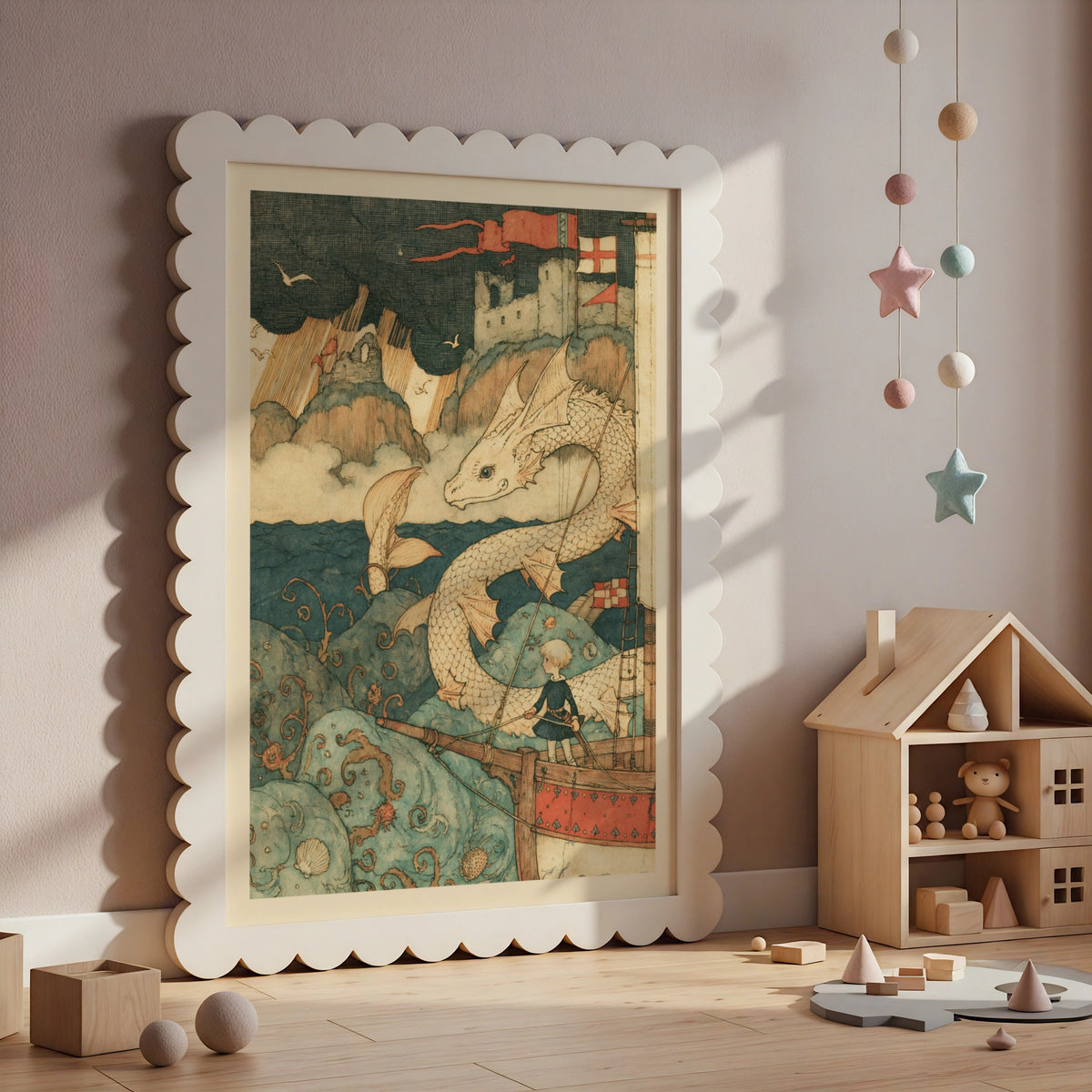  Dragon & Knight Children's Print, Fantasy Sea Adventure, Kids Wall Art Collectable Art