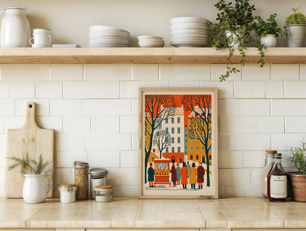 Snow Covered Streets Vintage Food Poster Print | Rustic Kitchen Decor | Festive Street Market Art decor