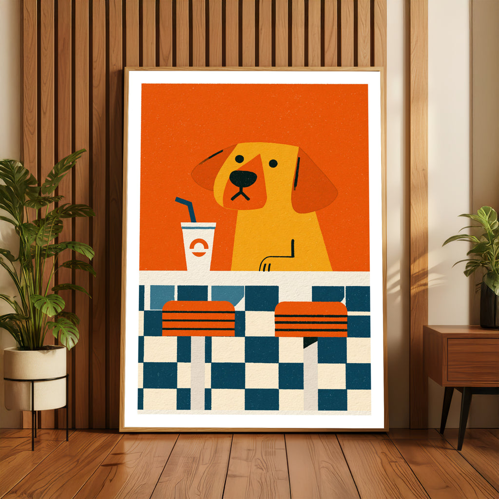 Retro Dog Diner Poster, Vintage Style Dog Wall Art, Funky Orange Animal Print for Kitchen