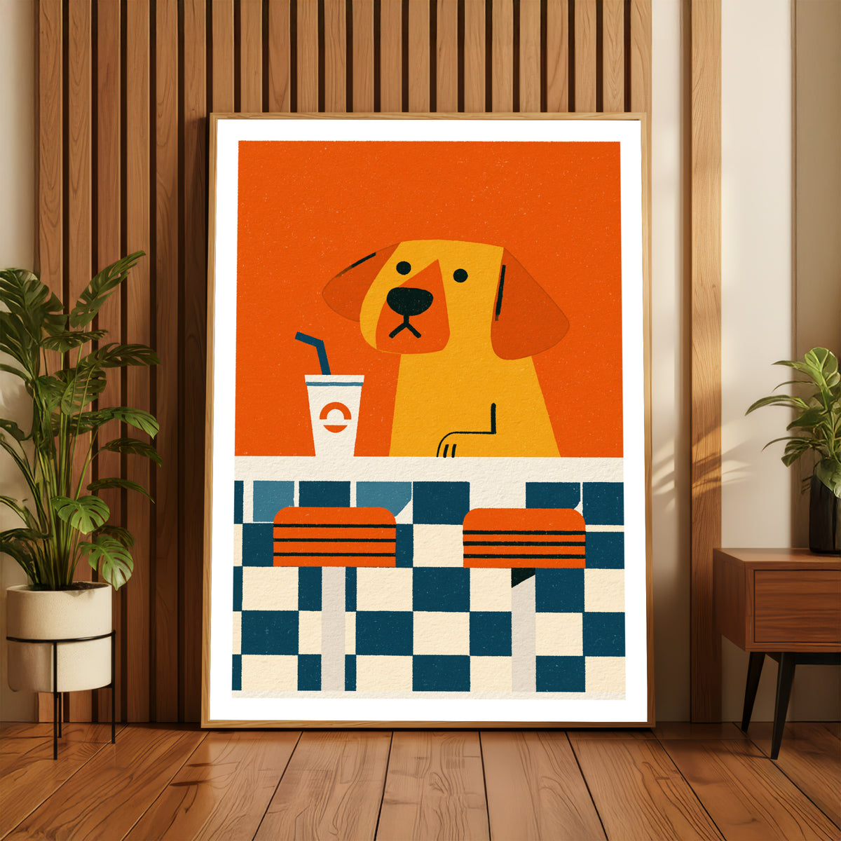 Retro Dog Diner Poster, Vintage Style Dog Wall Art, Funky Orange Animal Print for Kitchen