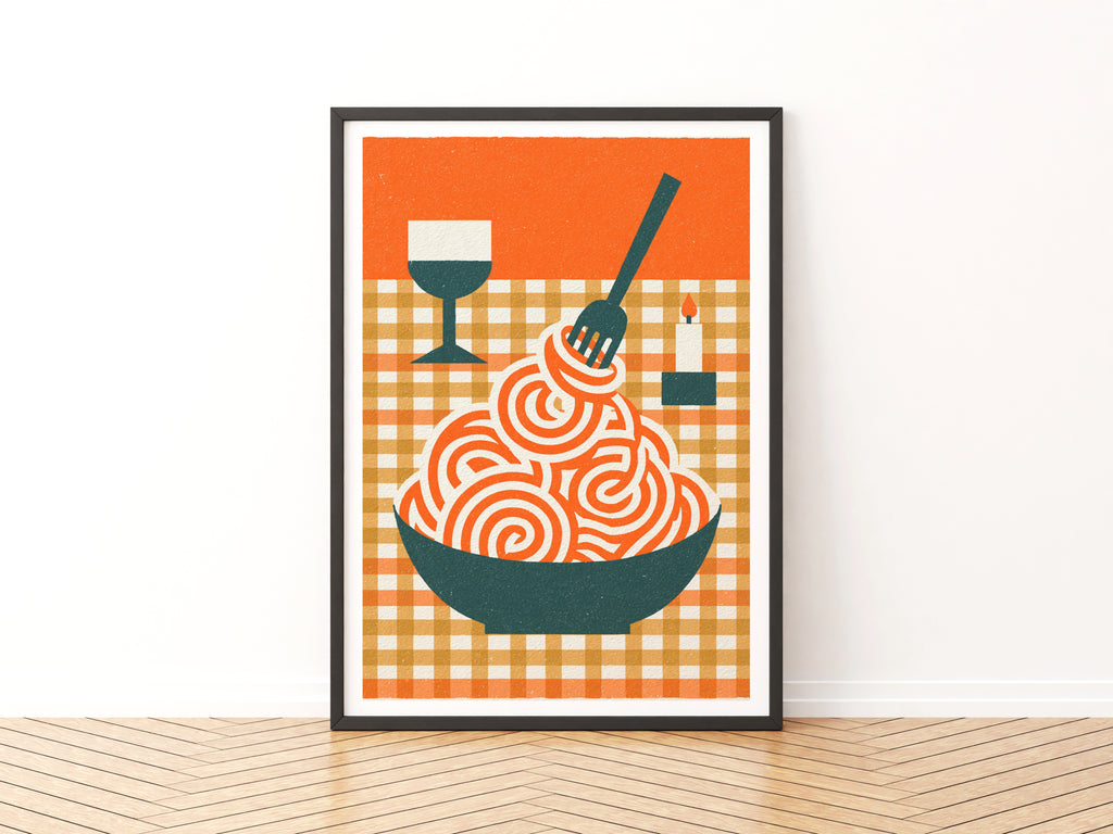  Pasta Print, Retro Spaghetti Bowl Art, Rustic Kitchen Decor, Mid Century Risograph