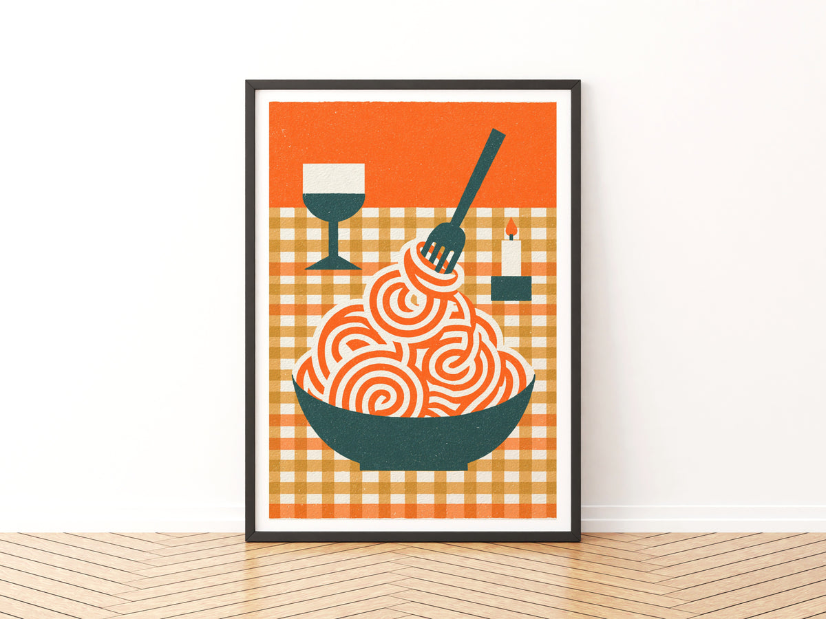  Pasta Print, Retro Spaghetti Bowl Art, Rustic Kitchen Decor, Mid Century Risograph