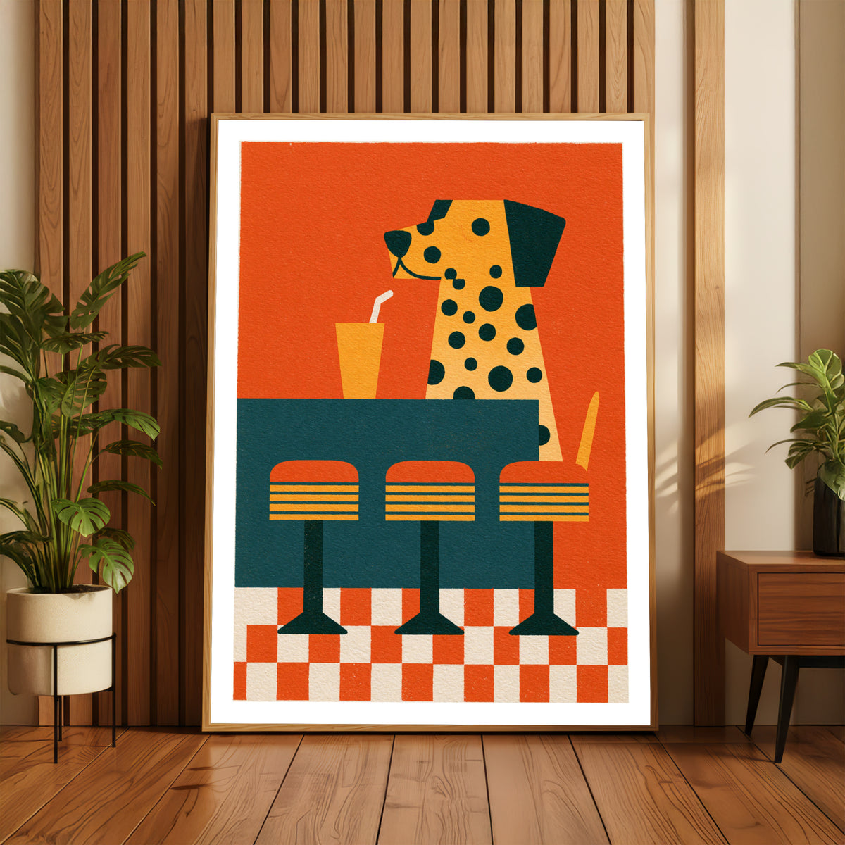 Vintage Dalmatian Diner Poster, Retro Dog Wall Art, Fun Animal Print, Bold Orange Decor