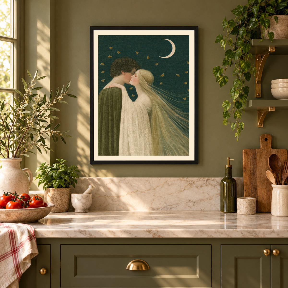 Romantic Couple Kissing Under Crescent Moon, Vintage Art Nouveau Print, Moths, Night Sky Wall Art