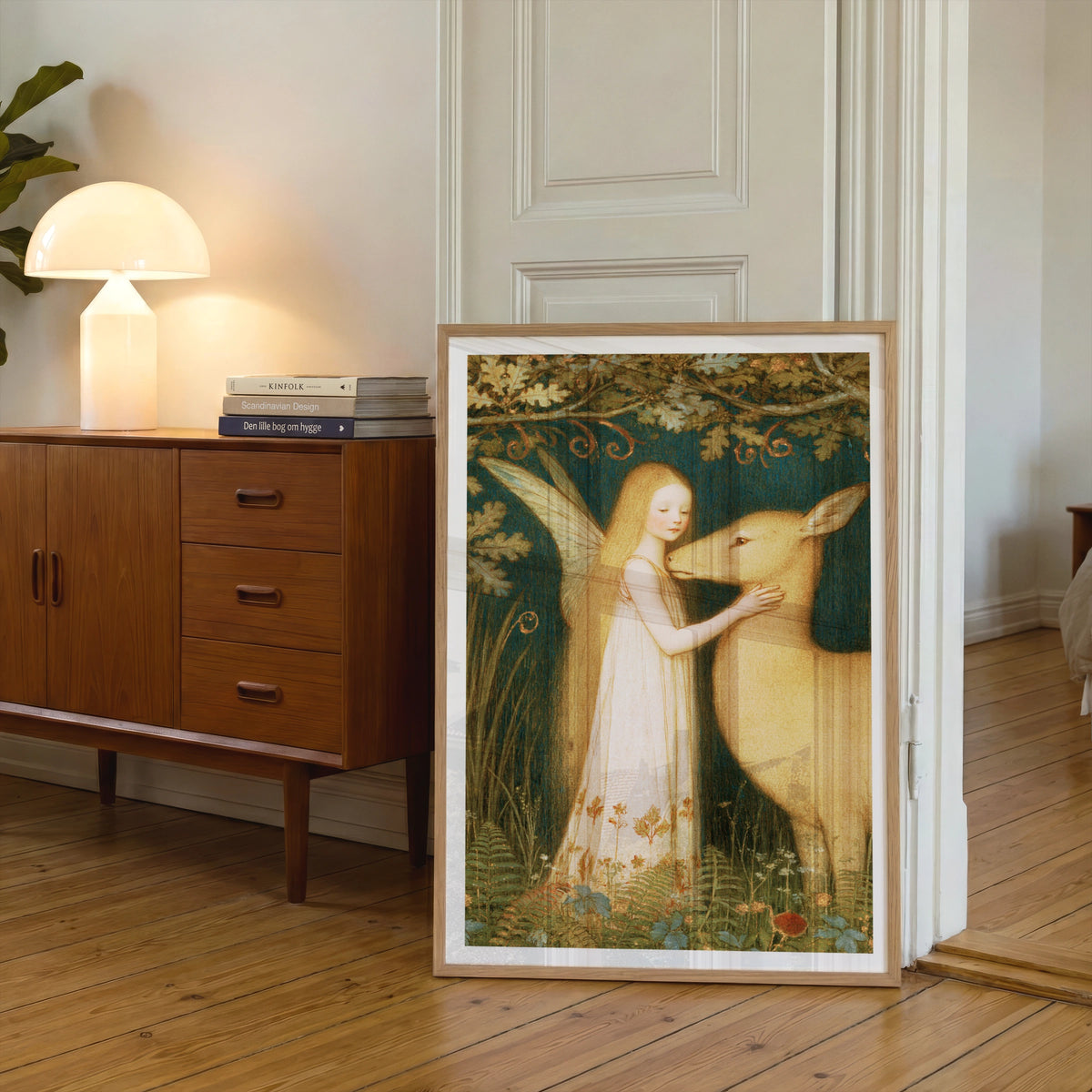 Fairy and Deer Forest Print, Classic Folk Art Poster, Woodland Wall Art, Vintage Illustrated