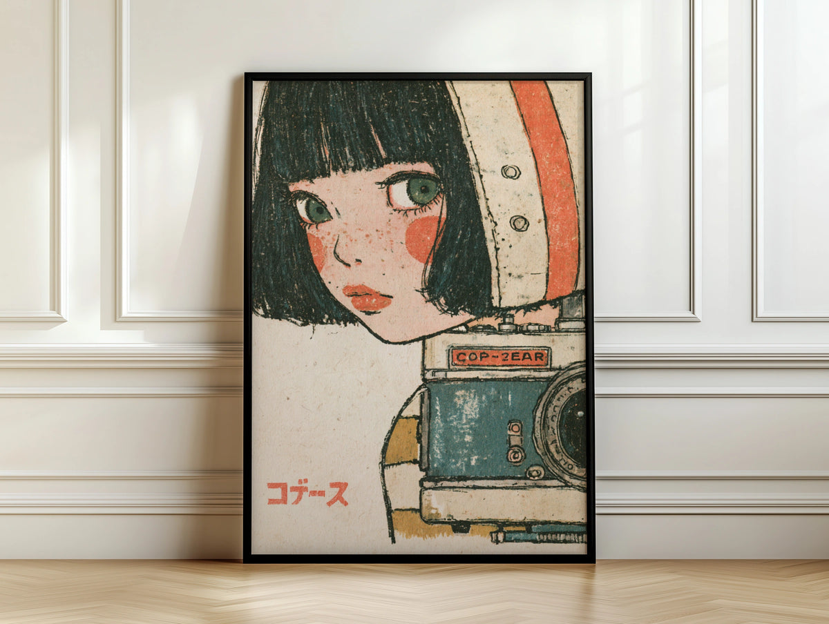 Retro Japanese Girl Camera Poster, 1960s Vintage Anime Style Art Print, Kawaii Wall Decor