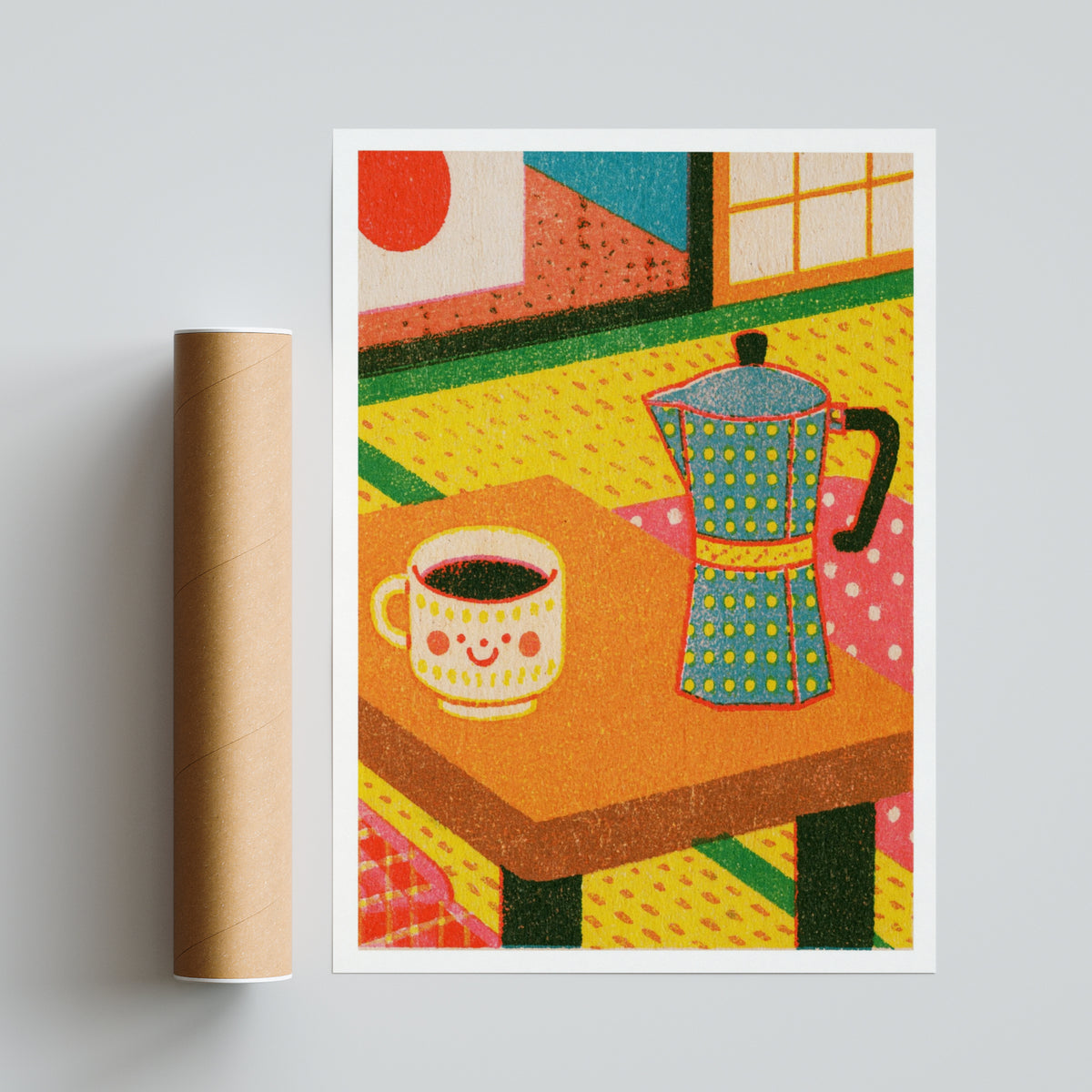 Retro Coffee Wall Art, Vintage Kitchen Print, Japanese Tatami Room Poster, Moka Pot Illustration