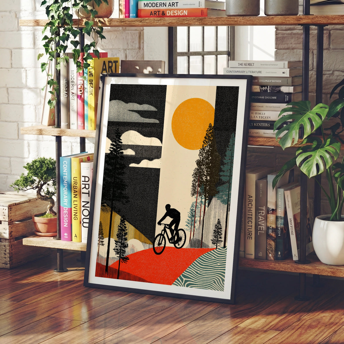 Retro Mountain Bike Poster, Cycling Art Print, Forest Trail, Vintage Sun Wall Art