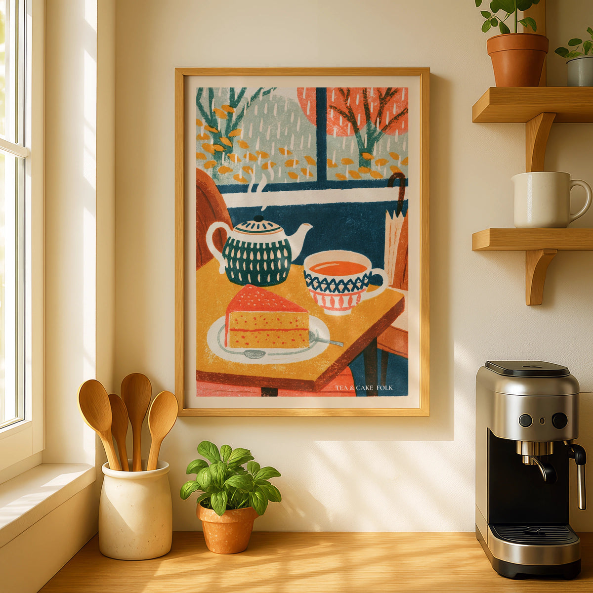 Vintage Food Poster Print, Tea and Cake Cafe Art, Rustic Kitchen Decor, Retro Mid Century Risograph