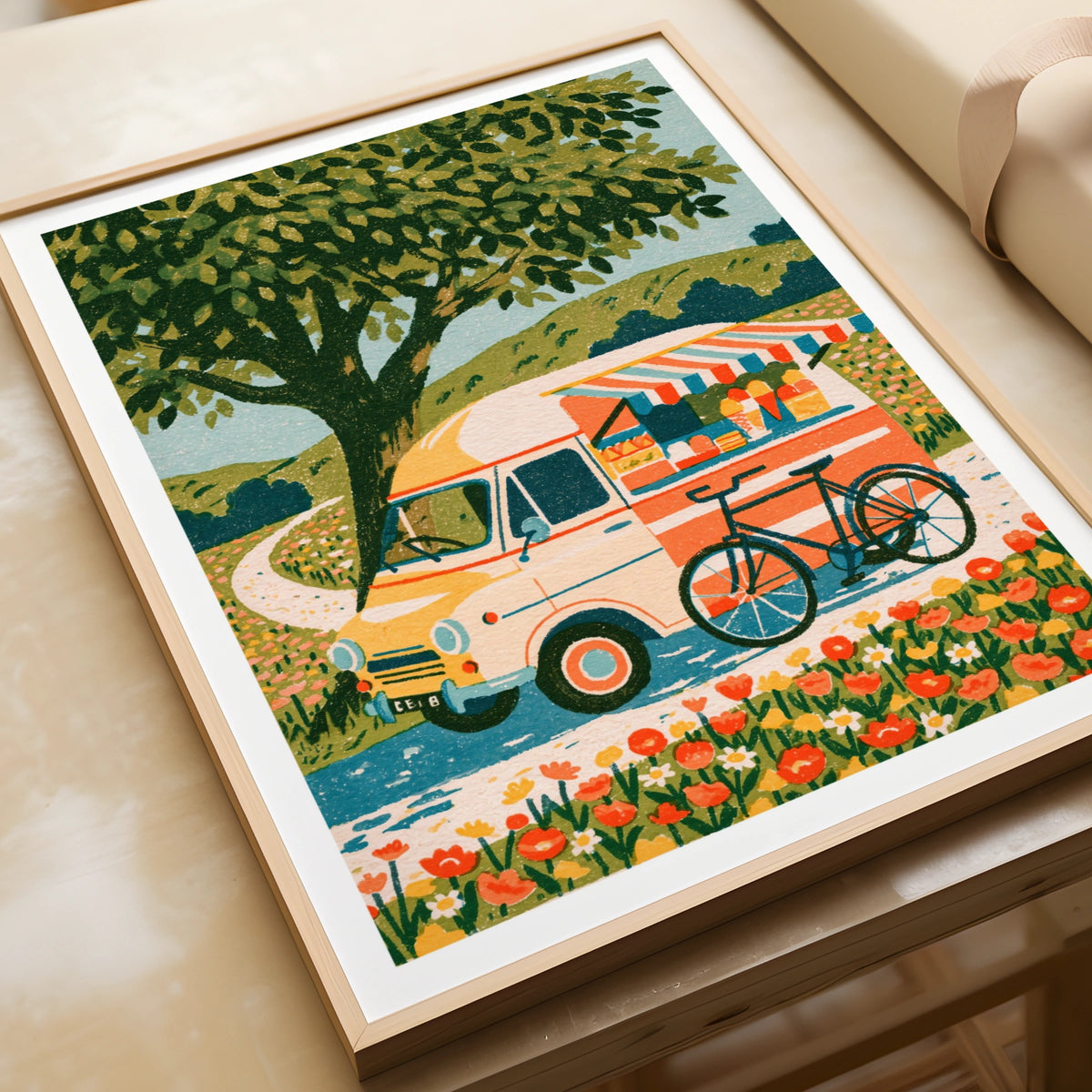 Retro Ice Cream Van Poster, Vintage Food Truck Print, Floral Countryside Wall Art