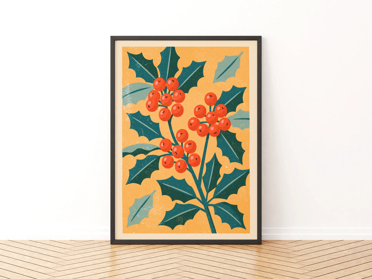 Vintage Holly Berry Poster, Retro Christmas Botanical Print, Teal Orange Festive Wall Art