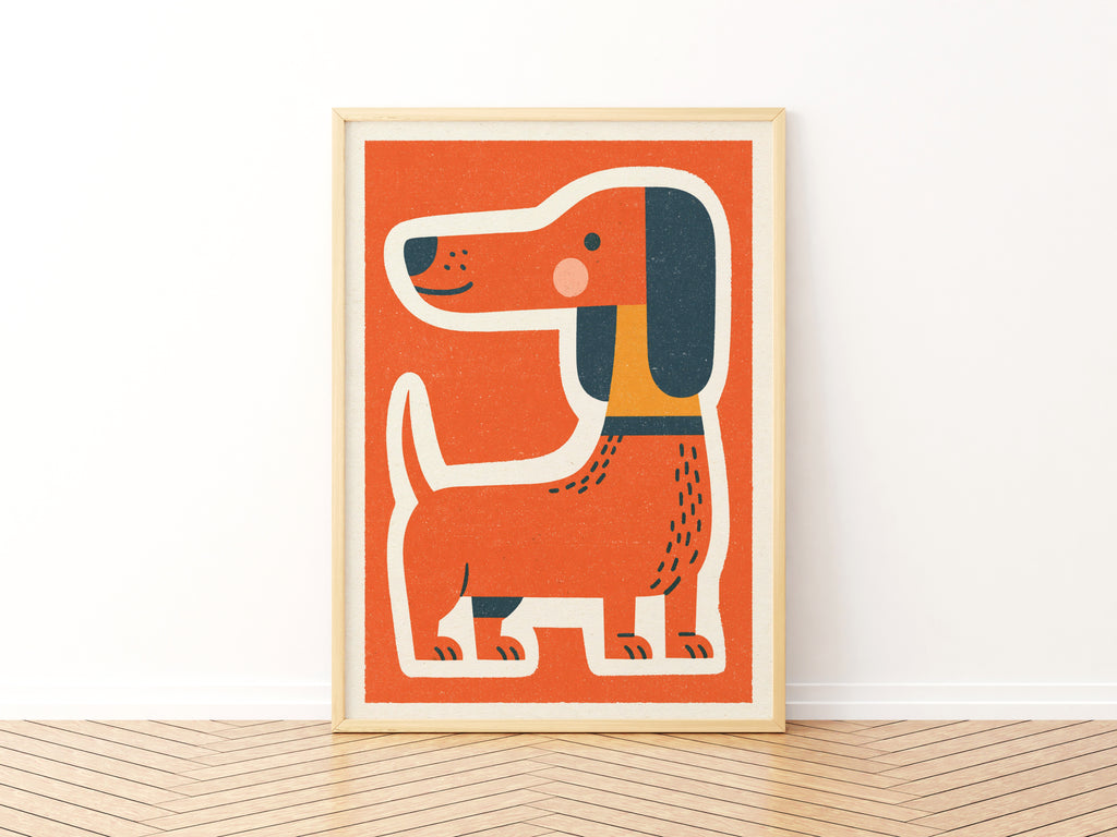 Retro Dog Print, Dachshund Wall Art, Orange Sausage Dog Illustration, Mid Century Animal Art