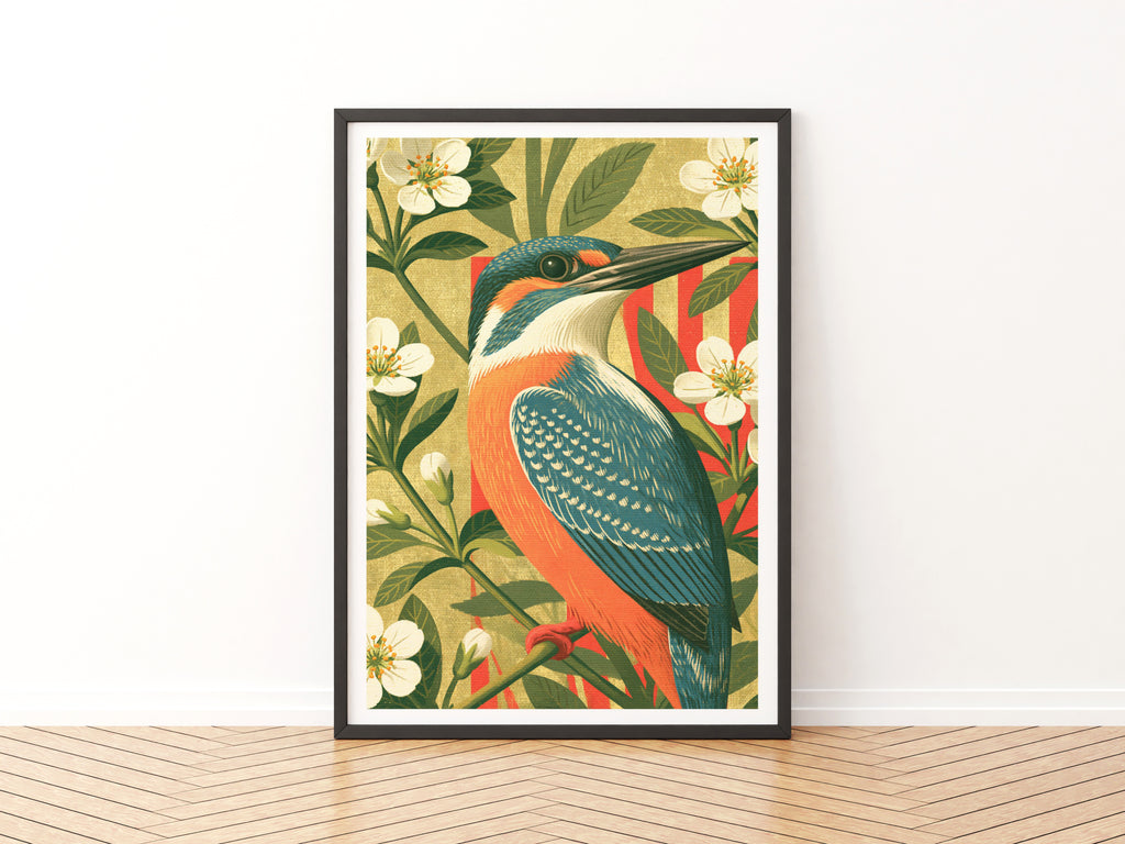 Kingfisher Bird Print, Retro Botanical Wall Art, Classic Inspired Blossom Poster, Vintage Style