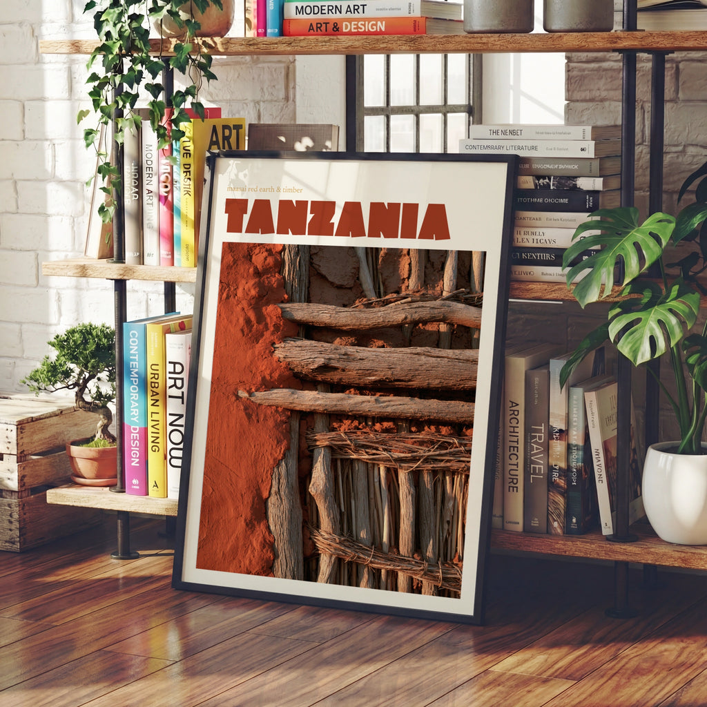 Tanzania Retro Travel Poster, Maasai Red Earth Print, African Wall Art, Terracotta Decor