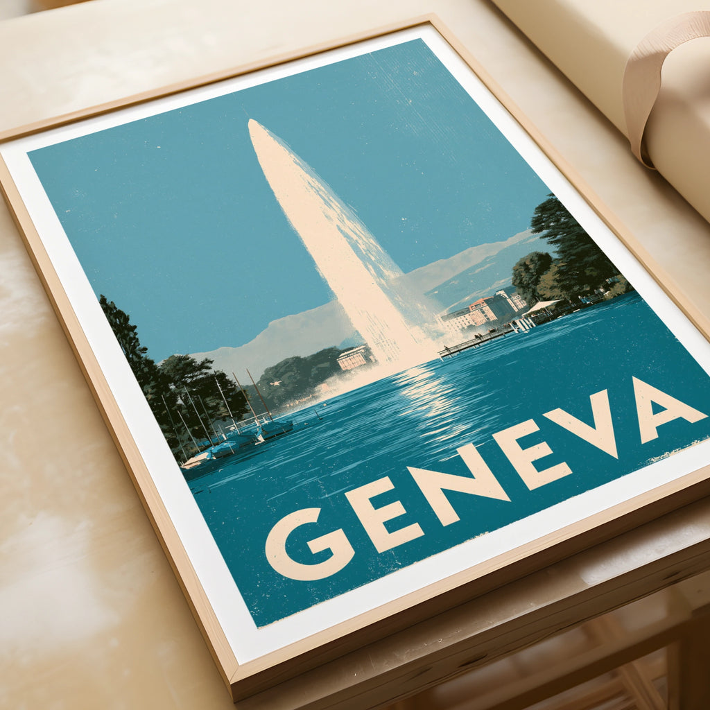 Geneva Retro Travel Poster, Jet d'Eau Switzerland Wall Art, Lake Geneva Print
