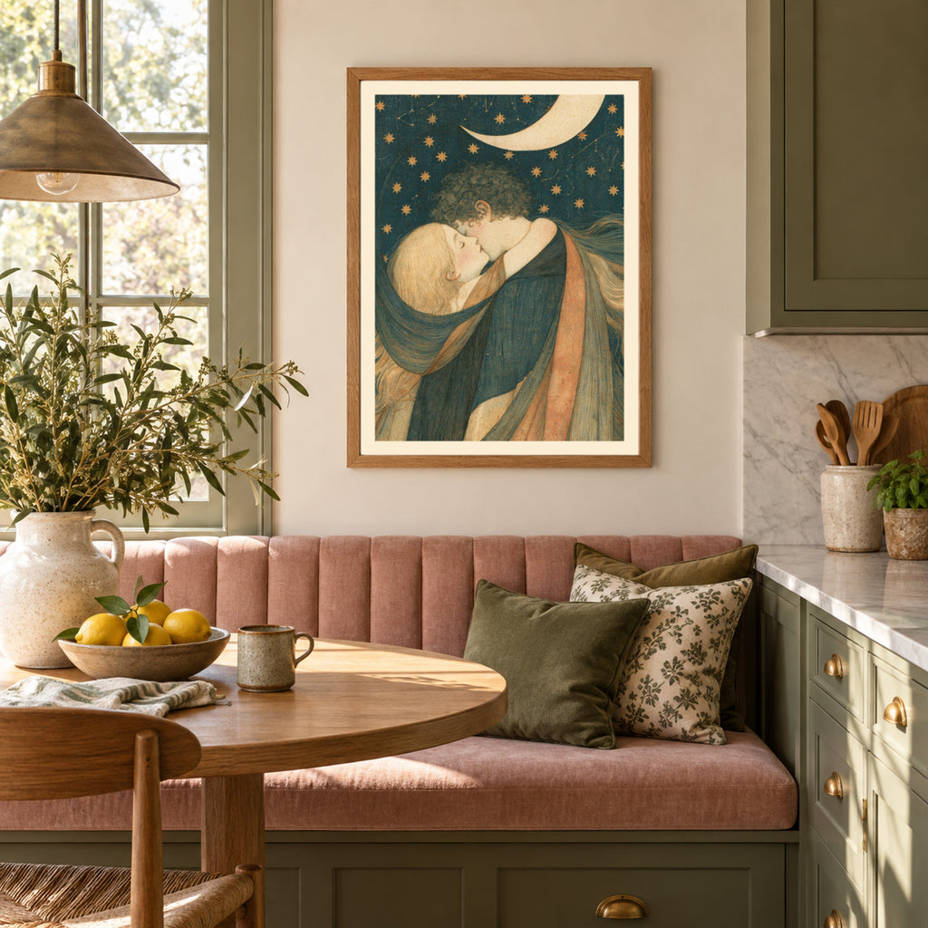 Celestial Lovers Art Print, Crescent Moon and Stars Wall Art, Vintage Romantic Embrace Poster