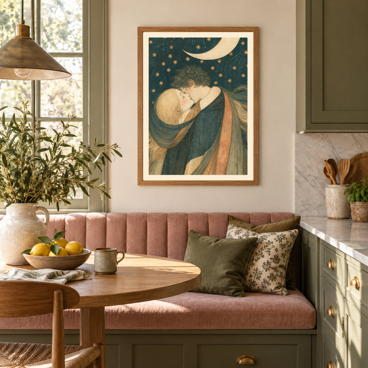 Celestial Lovers Art Print, Crescent Moon and Stars Wall Art, Vintage Romantic Embrace Poster