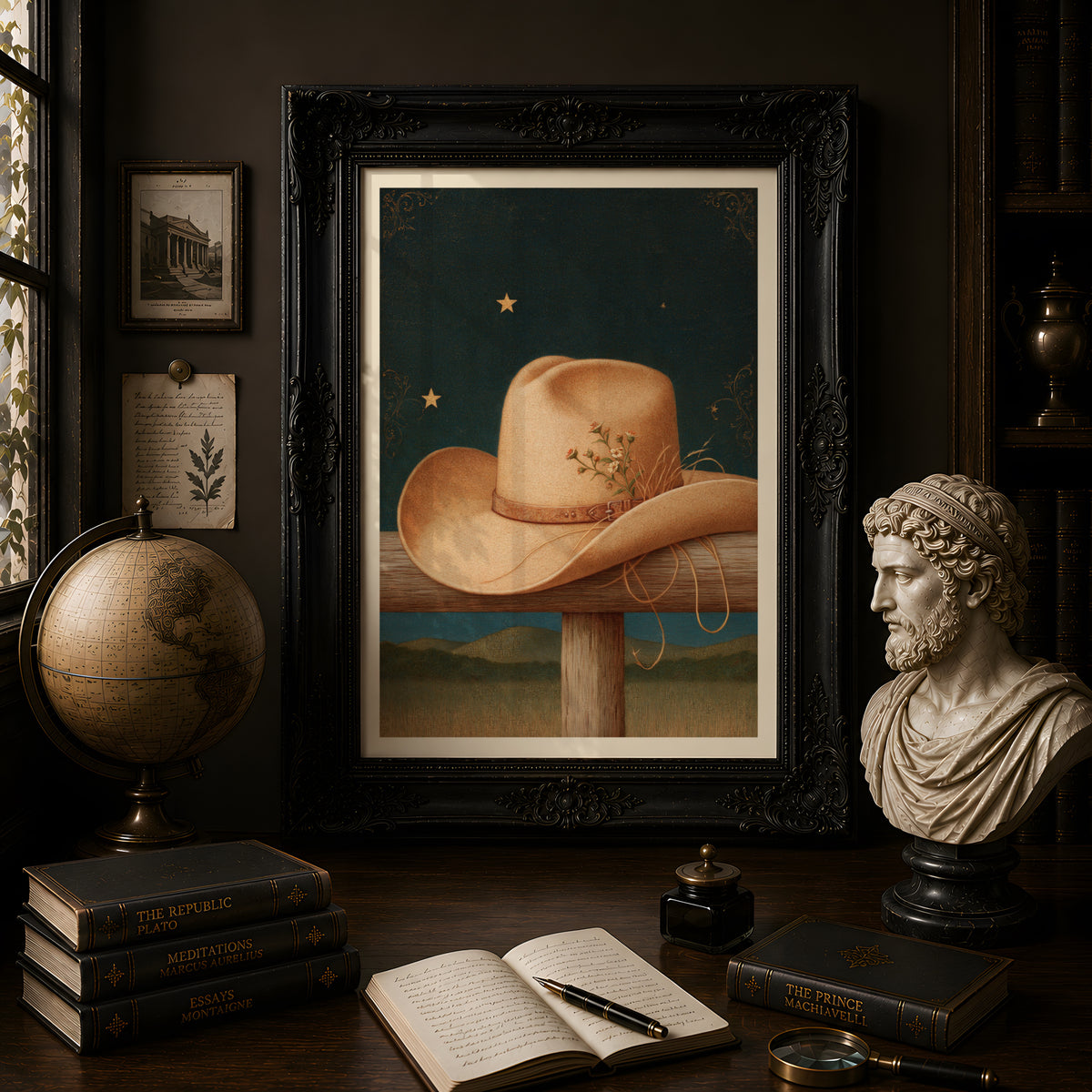 Cowboy Hat Wall Art, Vintage Western Print, Wildflowers on Fence Post, Starry Night Sky Poster