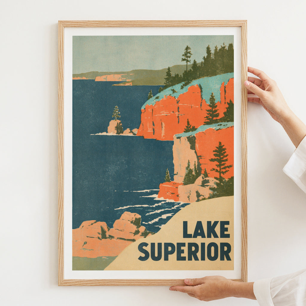 Retro Lake Superior Poster, Vintage Travel Print, Great Lakes Cliffs, Cabin Wall Art, Nature Decor