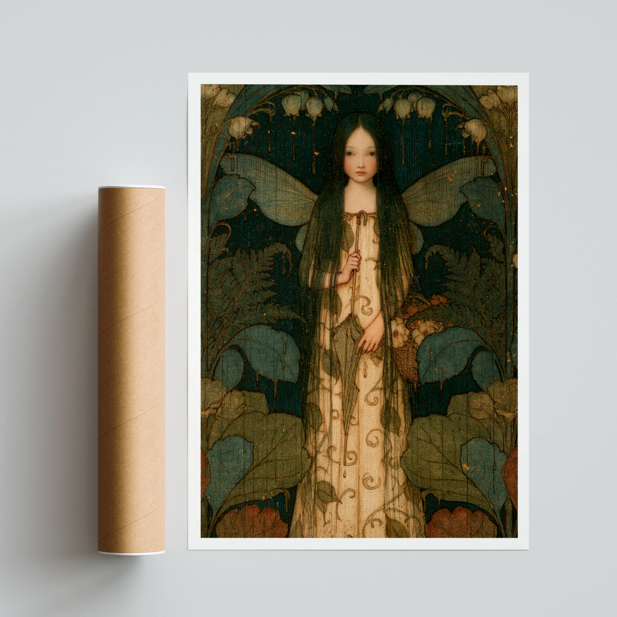 Rain Fairy Girl Art Nouveau Print, Classic Inspired Folk Art, Teal Floral Fantasy Poster