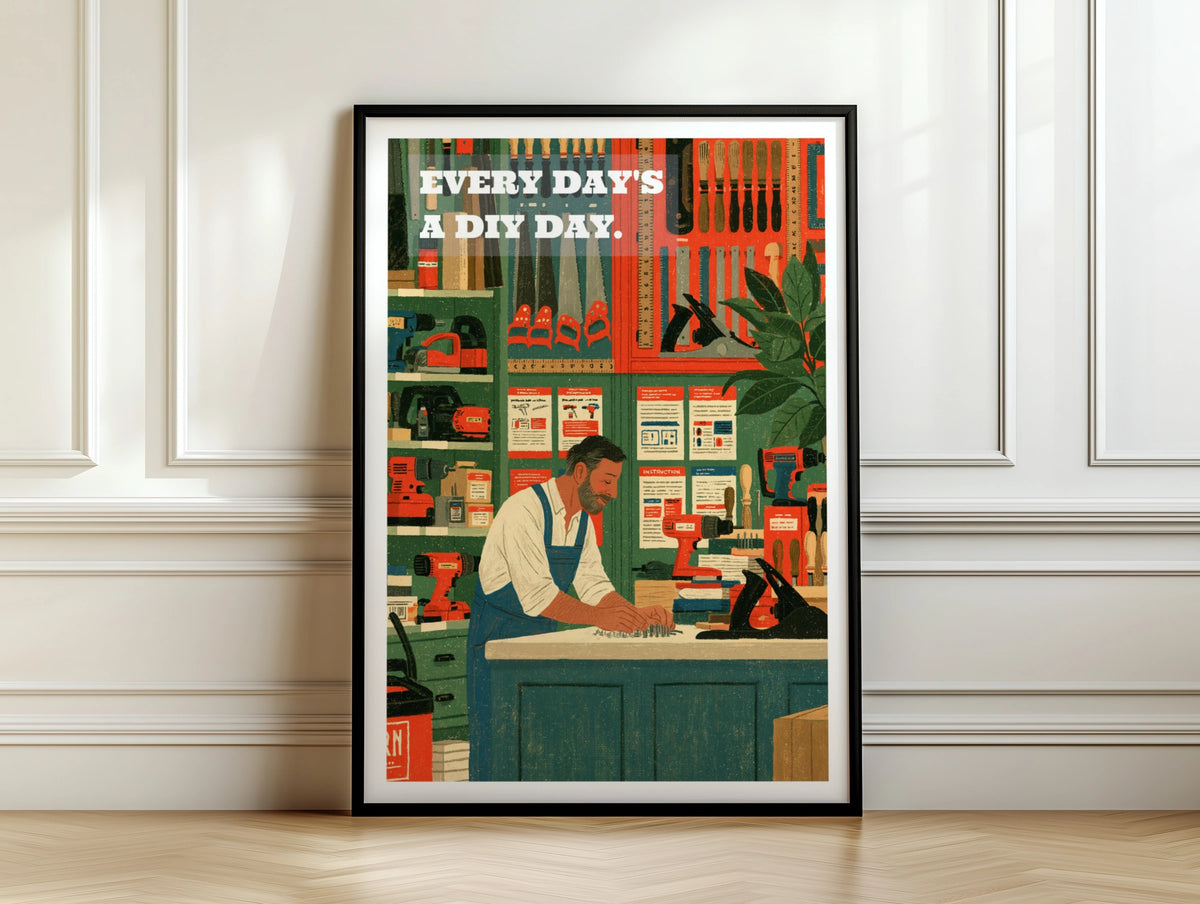 Every Day's a DIY Day Retro Poster, Vintage Workshop Wall Art, Handyman Print Gift