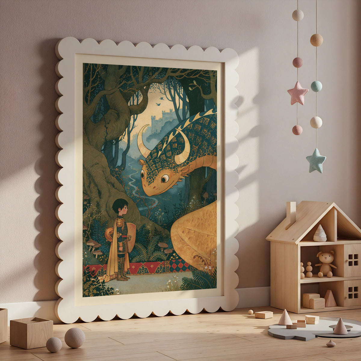 The Boy Knight and Dragon Print, Retro Children's Fantasy Poster, Fairy Tale Kids Wall Art