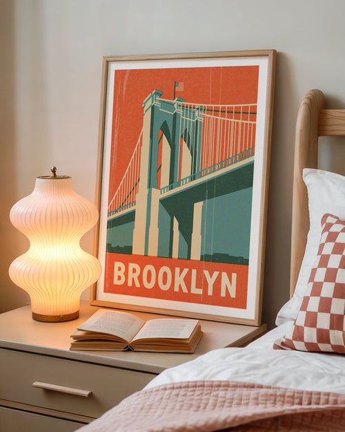 Brooklyn Bridge Retro Travel Poster, New York City Wall Art Print, NYC Vintage