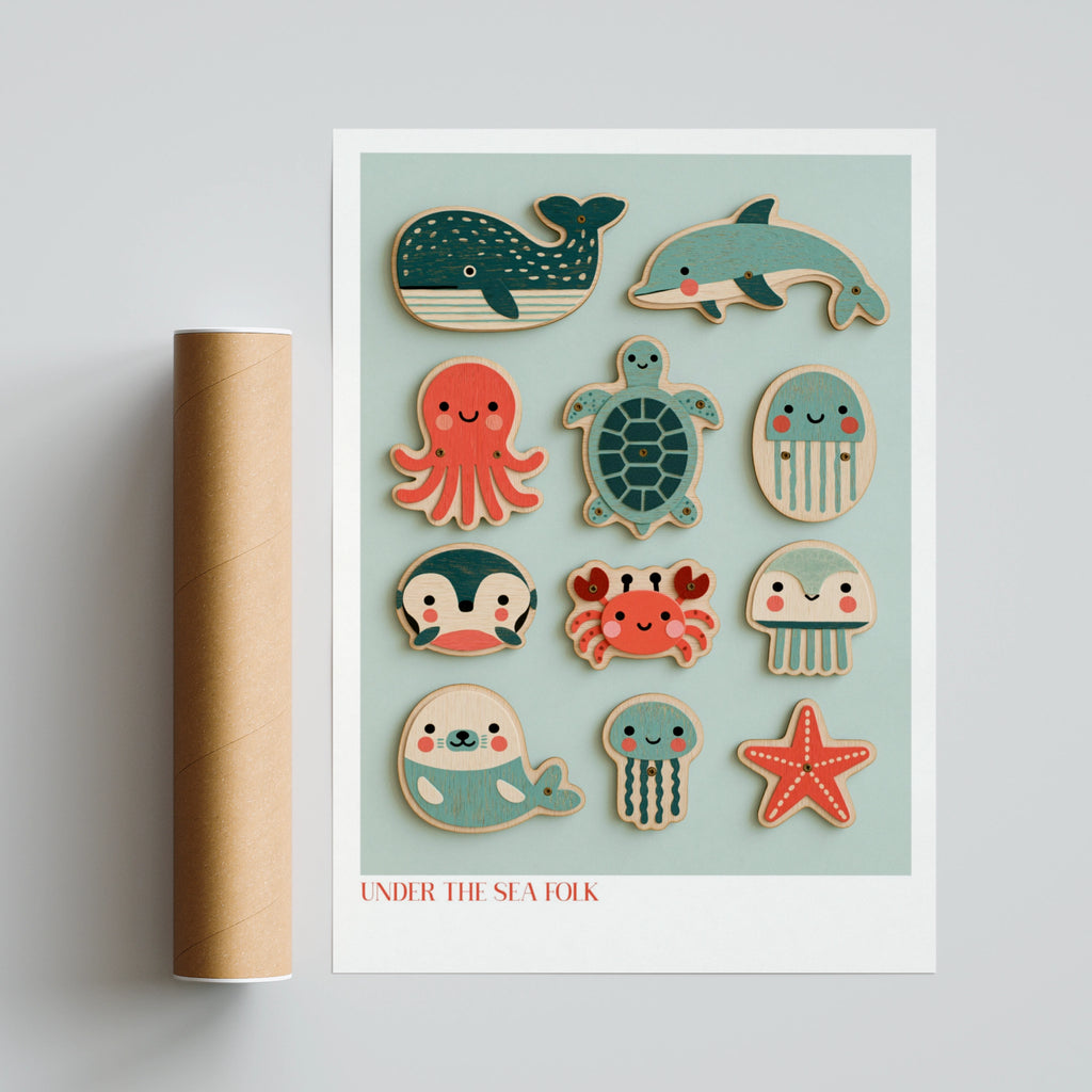 Under the Sea Folk Retro Children's Print, Cute Ocean Animals Nursery Poster, Kids Wall Art