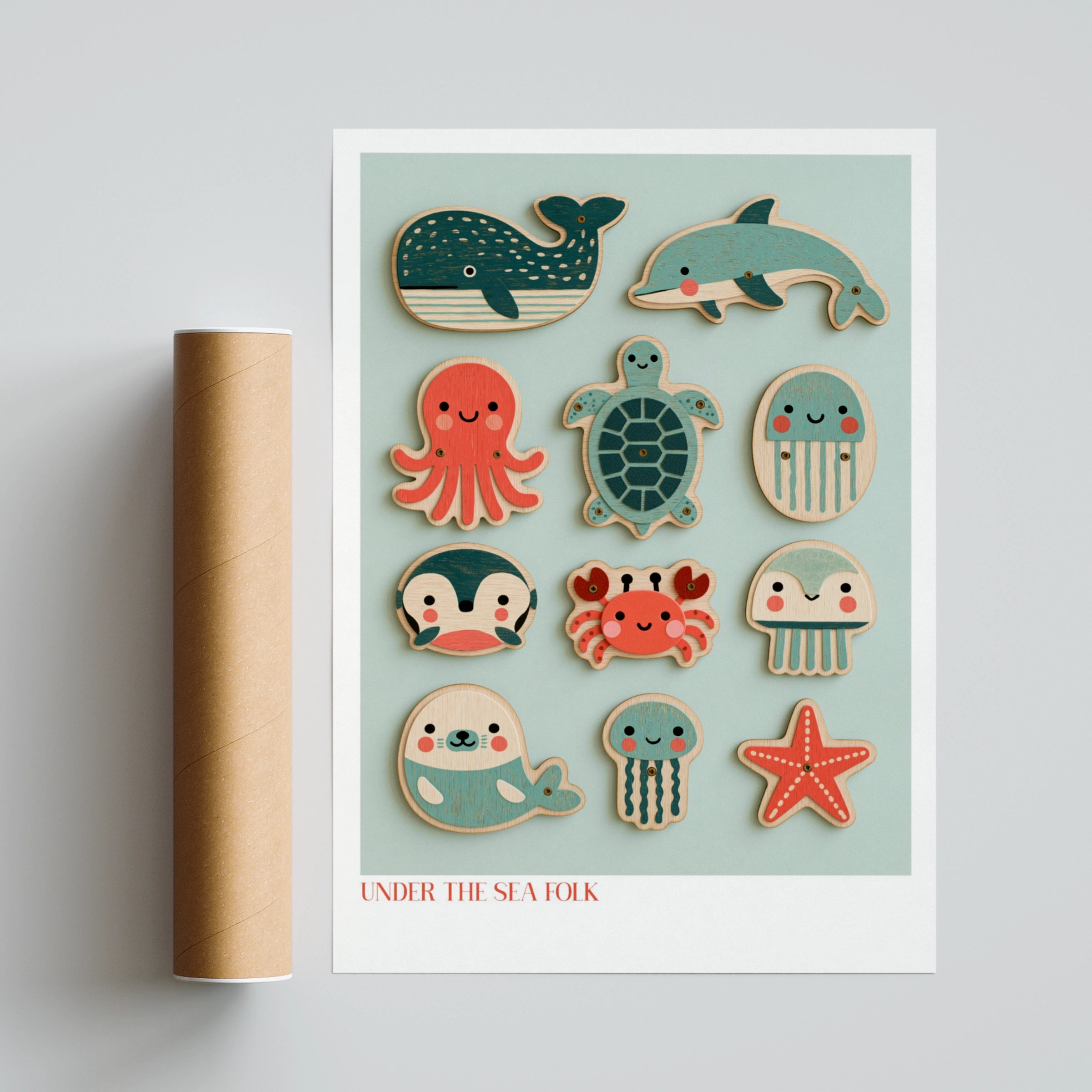 Under the Sea Folk Retro Children's Print, Cute Ocean Animals Nursery Poster, Kids Wall Art