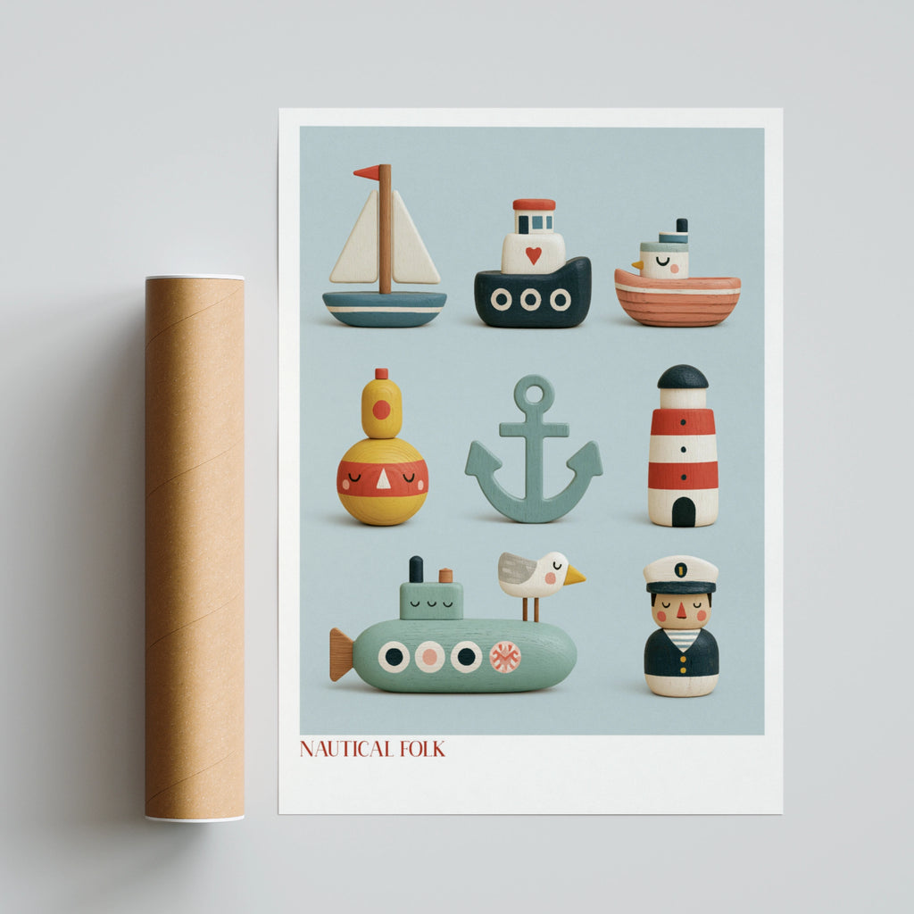 Nautical Folk Art Print, Retro Wooden Toy Poster, Children's Collectable, Kids Bedroom Sea Wall Art