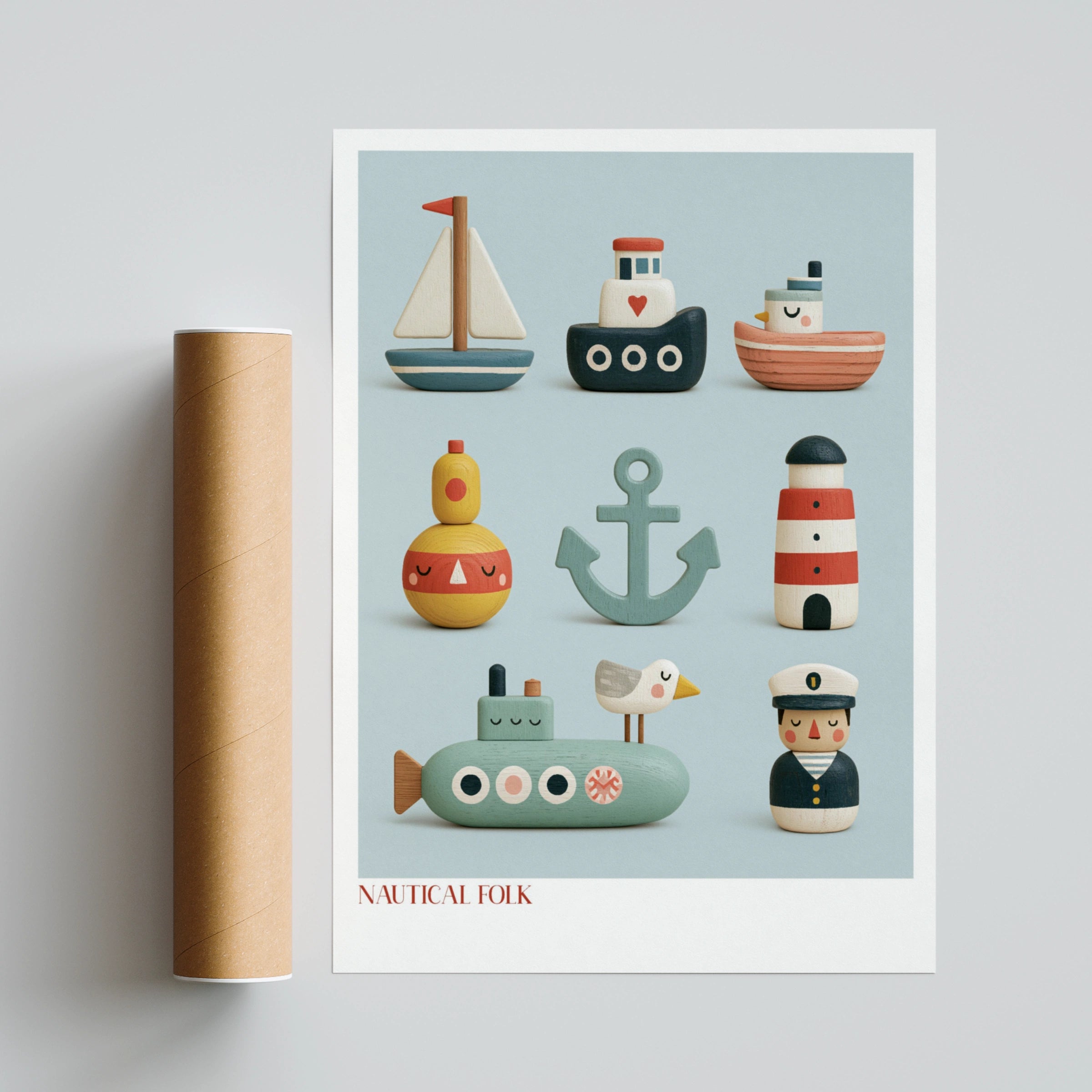 Nautical Folk Art Print, Retro Wooden Toy Poster, Children's Collectable, Kids Bedroom Sea Wall Art