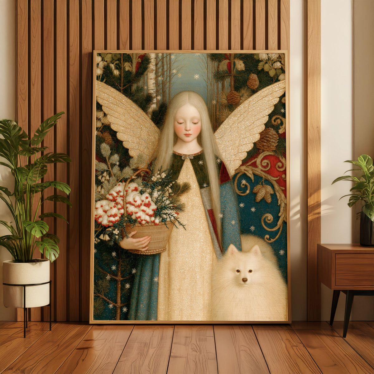 Winter Angel Art Print, Christmas Fairy Poster, Vintage Folk Style, White Dog Spitz Wall Art