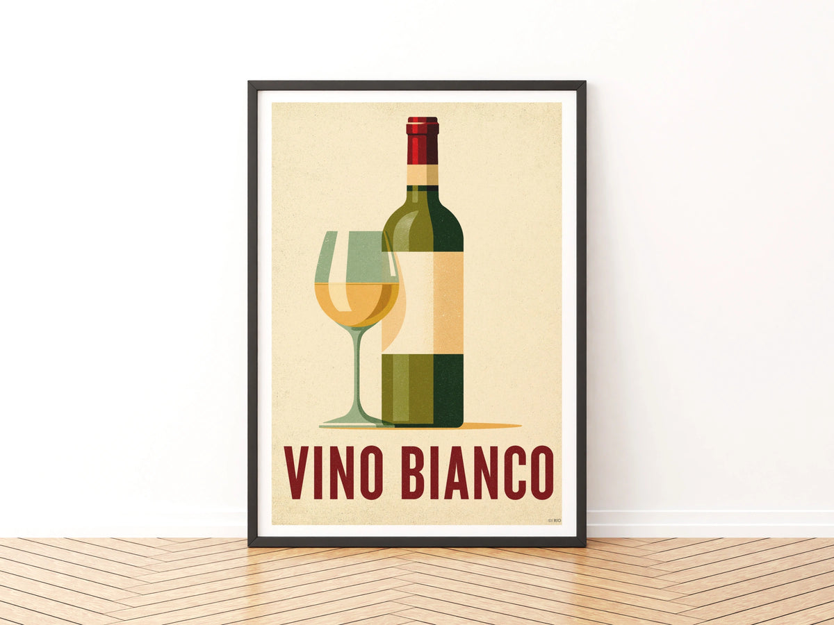 Vino Bianco Vintage Food Poster Print | Rustic Kitchen Decor | Retro Mid Century Risograph Wine